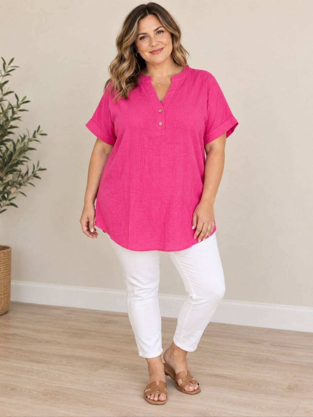 Women’s XL Hot Pink Split Neck Button Tunic Top NWOT